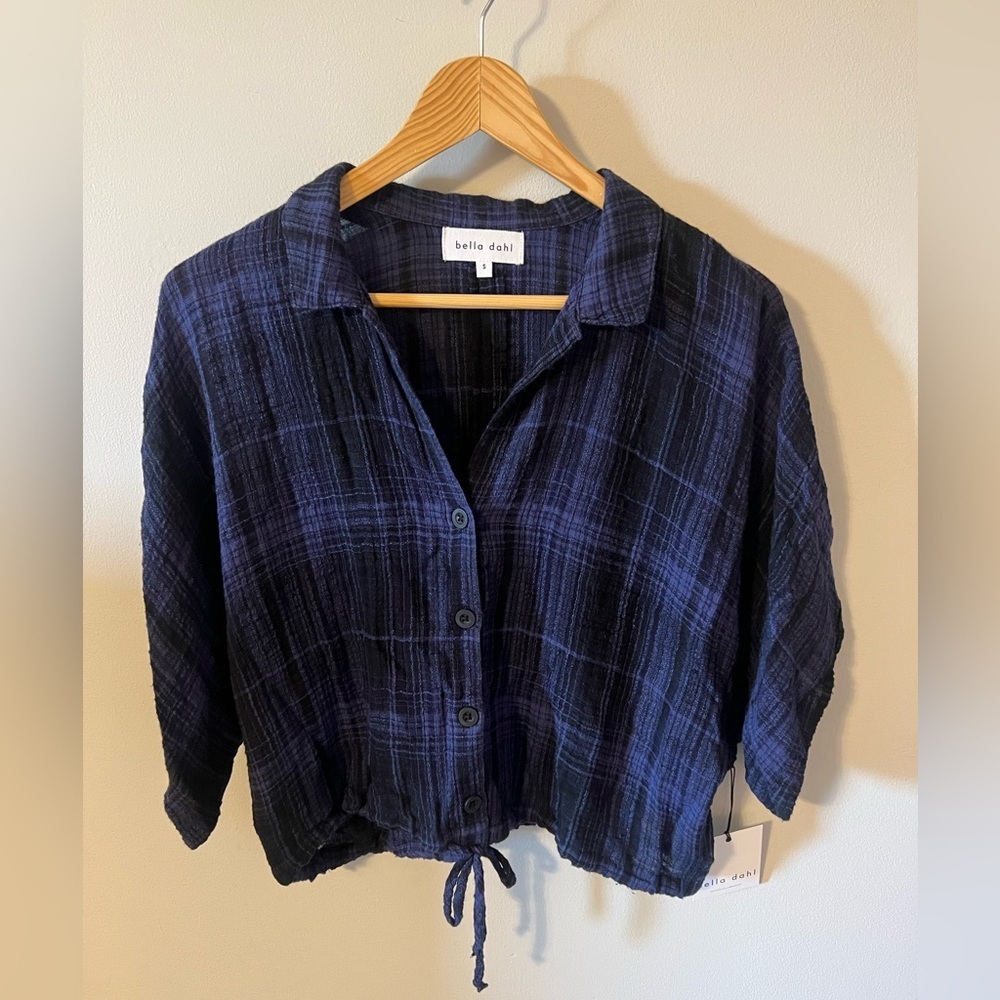 NWT Bella Dahl Women's Flowy Tie Waist Shirt Admiral Blue Plaid Small